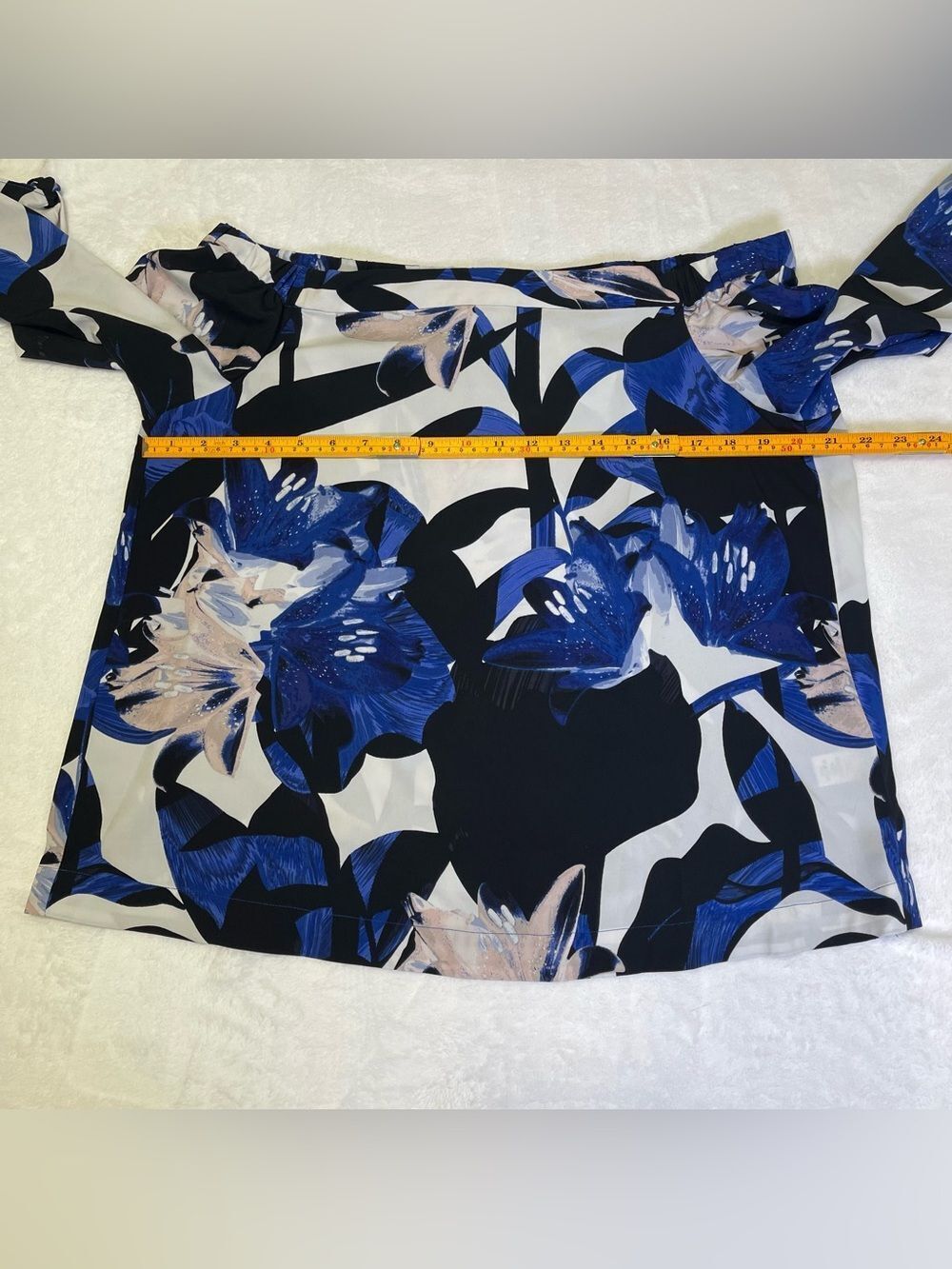 1.STATE Floral Off-Shoulder Blouse Large Blue White Pink Sleeve Knot Work Top - Picture 8 of 9